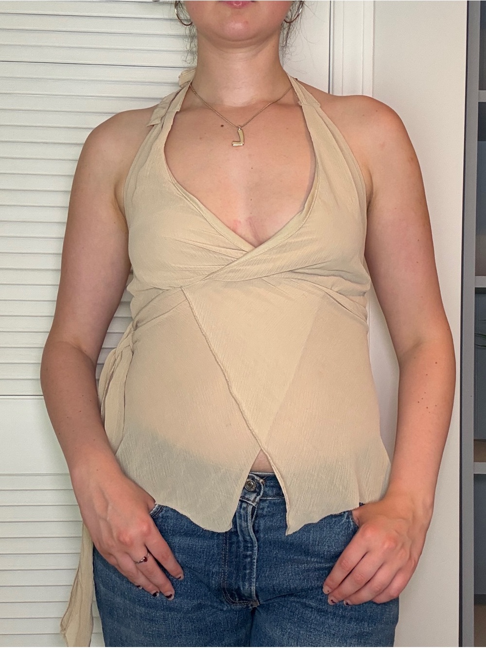 Vintage 2000s beige asymmetrical halter top party club concert date night y2k